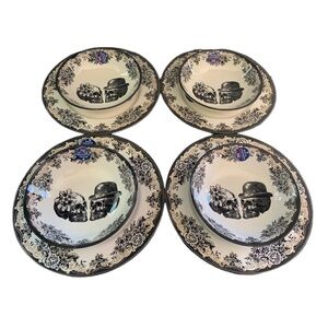 ROYAL STAFFORD VICTORIAN SKULLS DINNER PLATES Bowls Set Of 8 Gothic Dining